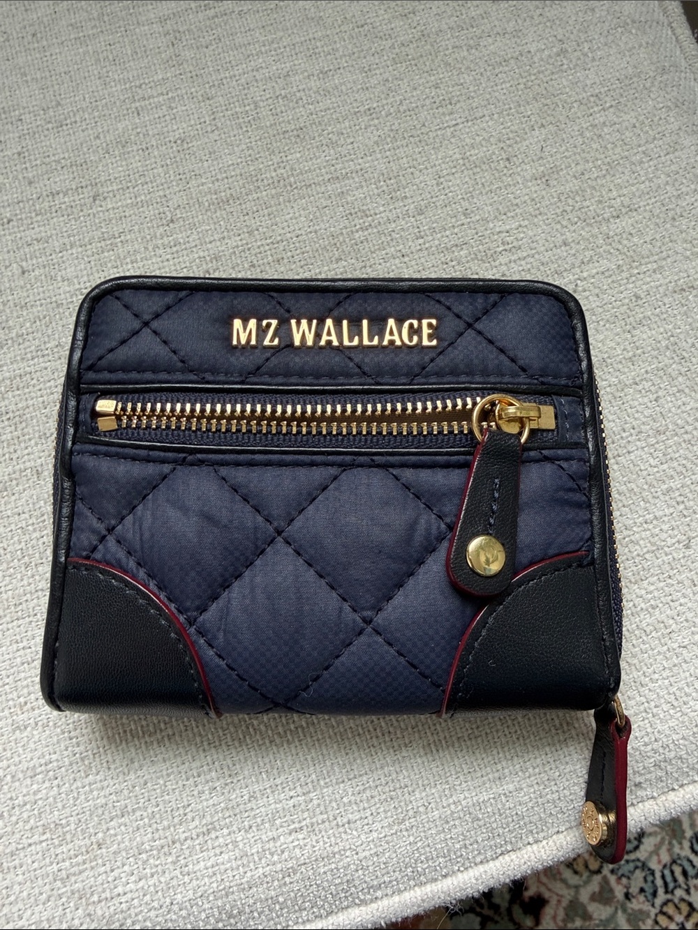 MZ Wallace Small Zip Navy Wallet with Gold Hardware and Red Trim